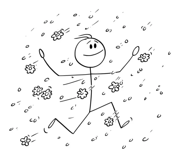 Vetor Desenhos Animados Ilustração de Homem Feliz ou Empresário Correndo em Chuva de Caindo Flores, Pétalas, Flores ou Flores . — Vetor de Stock
