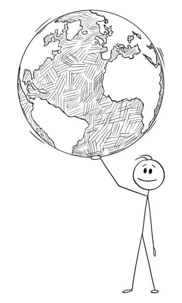 Ilustración de dibujos animados vectoriales del hombre, político o empresario que sostiene el mundo o la tierra a mano — Vector de stock