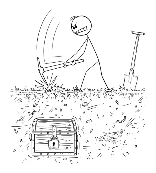 Ilustración de dibujos animados vectoriales del hombre cavando el cofre del tesoro con de tierra con Pickax o Pick o Pickaxe — Archivo Imágenes Vectoriales