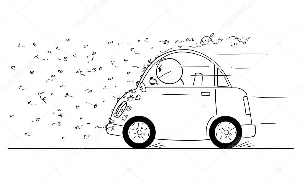 Vector Cartoon Illustration of Man Driving Car Through Swarm of Insect or bugs.