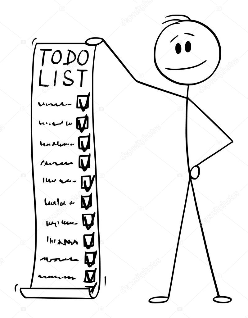 Vector Cartoon Illustration of Man or Businessman Holding Long Todo, To-do or Checklist or Task List