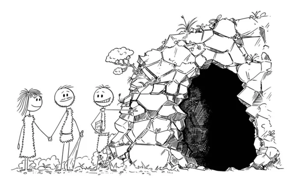 Ilustración de dibujos animados vectoriales del hombre prehistórico o el agente inmobiliario de Caveman que muestra la cueva a la pareja joven — Archivo Imágenes Vectoriales