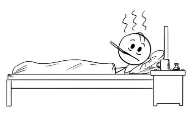 Vector Cartoon Illustration of Sick Man With Illness of Flu or Cold Lying in Bed