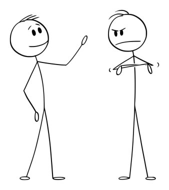 Vector Cartoon Illustration of Two Men or Businessmen, Positive and Negative Talking or Having Conversation