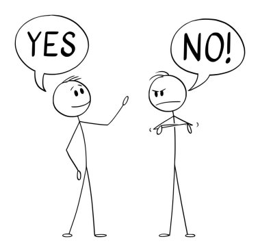 Vector Cartoon Illustration of Two Men or Businessmen, Positive and Negative Talking or Having Conversation