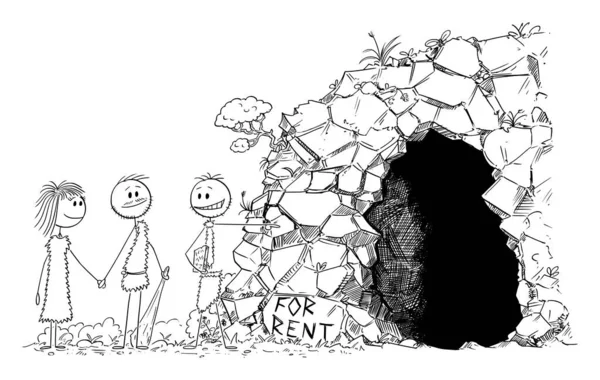 Vettoriale illustrazione del fumetto di uomo preistorico o agente immobiliare cavernicolo o mostrando grotta in affitto a giovane coppia — Vettoriale Stock
