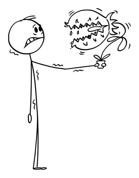 Ilustración de dibujos animados vectoriales del hombre asustado o asustado que sostiene una planta carnívora peligrosa en maceta con boca y dientes — Vector de stock
