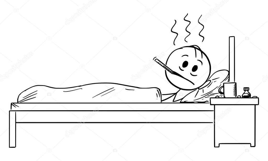 Vector Cartoon Illustration of Sick Man With Illness of Flu or Cold Lying in Bed