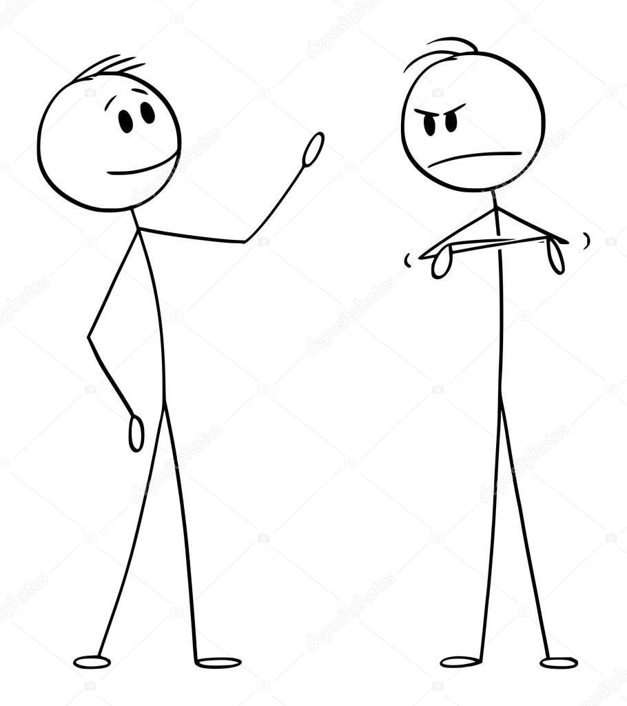 Vector Cartoon Illustration of Two Men or Businessmen, Positive and Negative Talking or Having Conversation