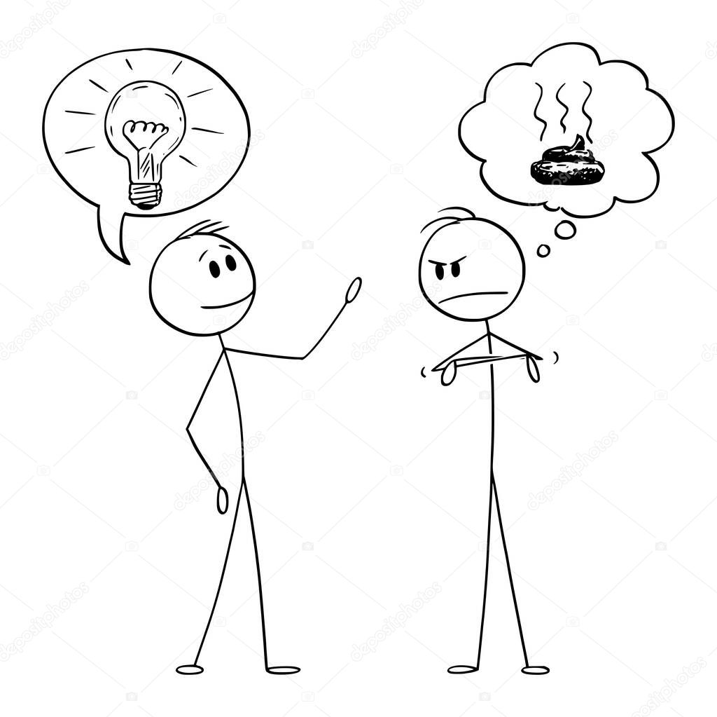 Vector Cartoon Illustration of Two Men or Businessmen, One With Idea and Second Thinking That This Idea is Shit or Crap