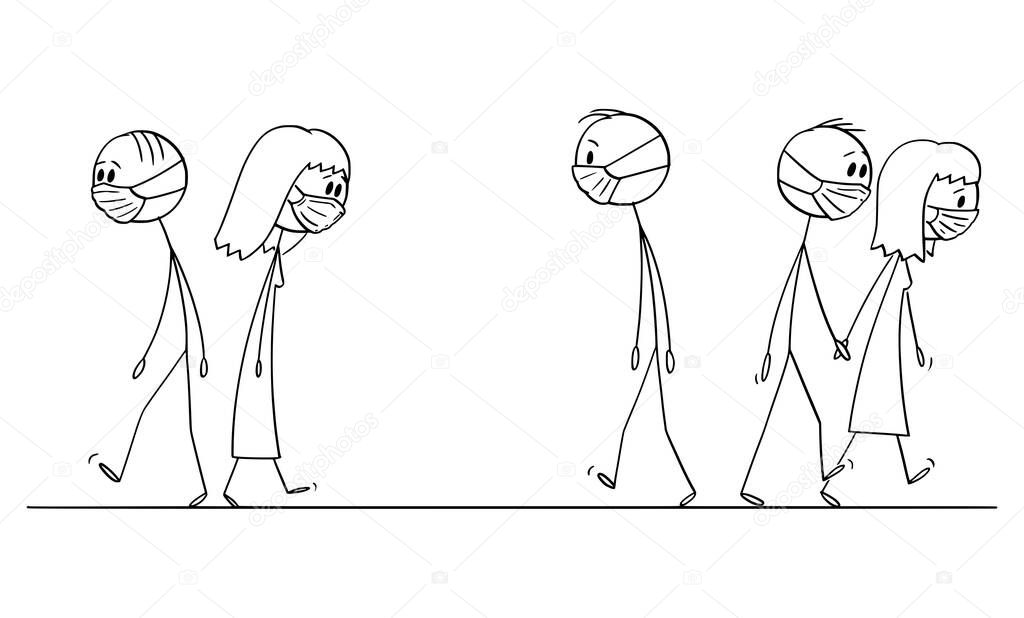 Vector Cartoon Illustration of Crowd of People Walking on the Street With Mask to Protect Yourself From Pollution of or Coronavirus Virus Infection