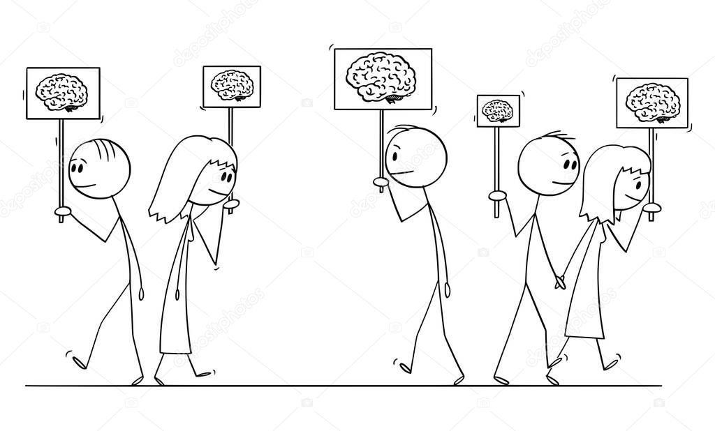 Vector Cartoon Illustration of Crowd of People Walking on the Street Holding Signs With Brain Image to Show Their Intellect. Human Intelligence Distribution Concept.