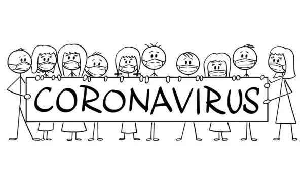 Εικονογράφηση διάνυσμα κινουμένων σχεδίων της ομάδας των ανθρώπων που φορούν μάσκες προσώπου κρατώντας Big Coronavirus σημάδι. Επιδημική ή μολυσματική έννοια. — Διανυσματικό Αρχείο