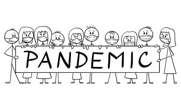 Vector Cartoon Illustration einer Gruppe von Menschen, die Gesichtsmasken mit dem großen Zeichen der Coronavirus-Pandemie tragen. Epidemie oder Infektionskonzept. — Stockvektor