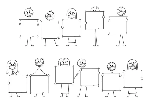 Vector Cartoon Illustratie van Set of groep mensen dragen gezichtsmaskers met lege tekens. Verontreiniging, Coronavirus, epidemie of infectiebegrip. — Stockvector