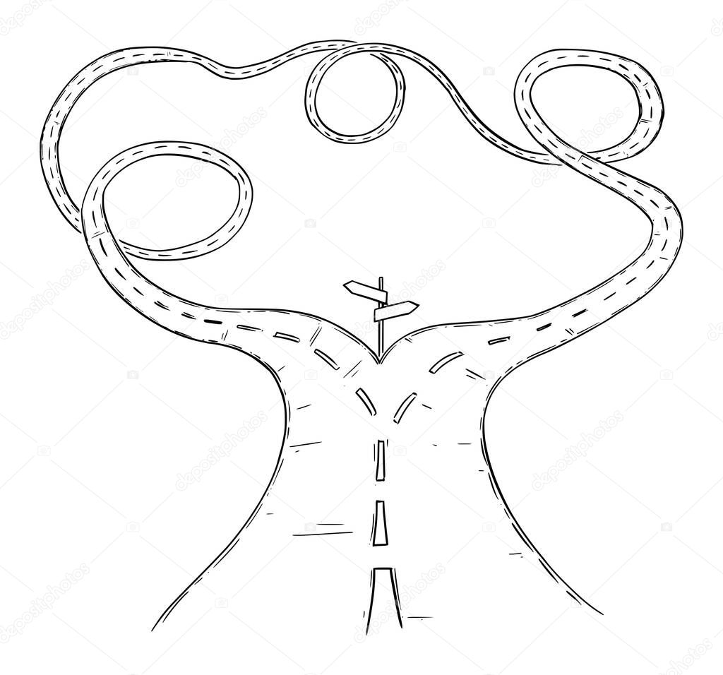 Vector Conceptual Business Illustration or Drawing of Crossroad or Fork in the Road, Both Ways Are Connected, No Options to Choose From