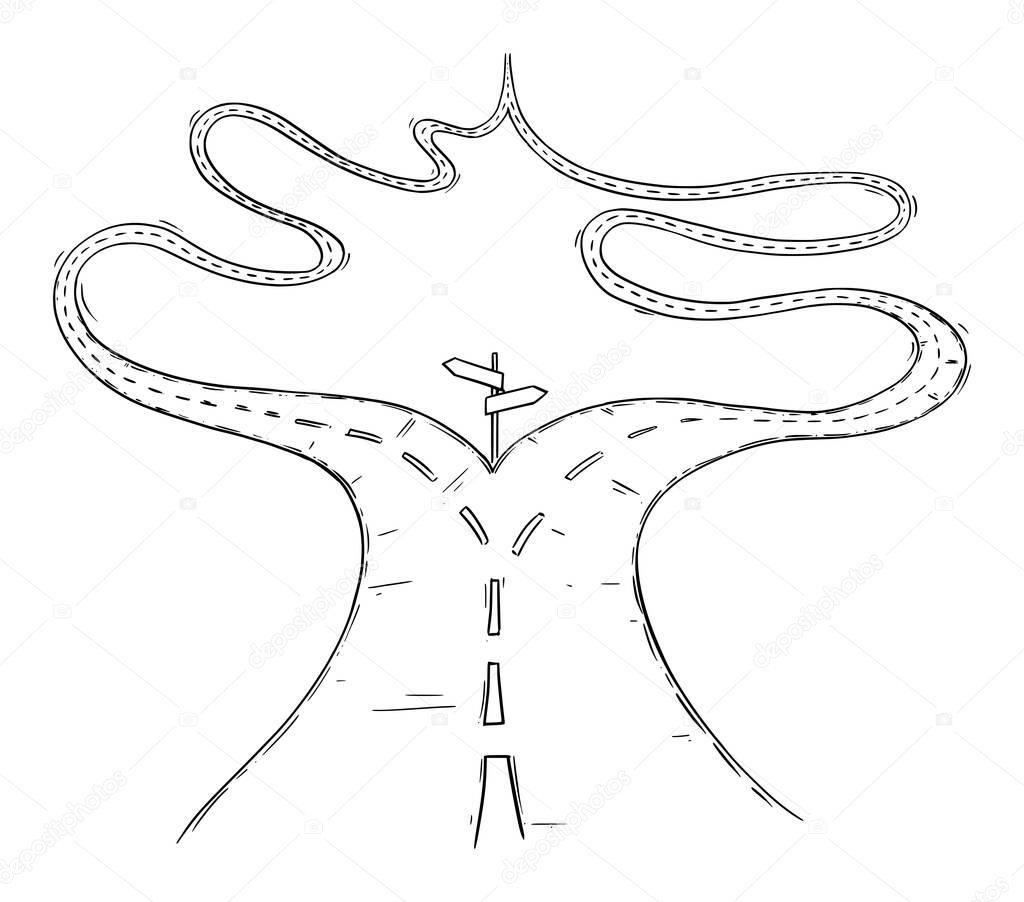 Vector Conceptual Business Illustration or Drawing of Crossroad or Fork in the Road, Two Ways with Same Destination, No Options to Choose From