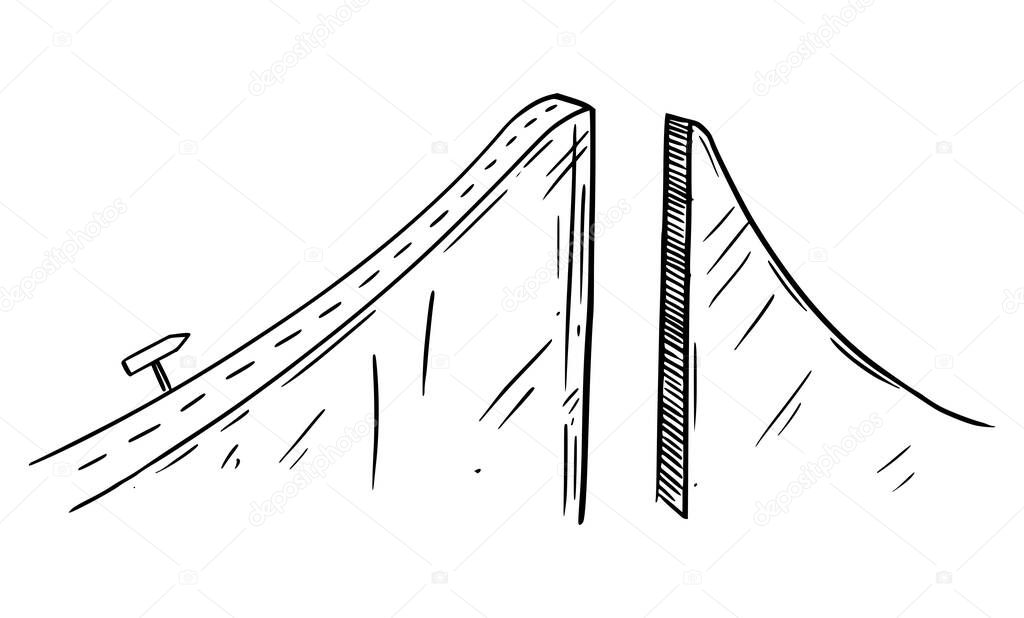 Vector Conceptual Illustration or Drawing of Road to Success Interrupted by Break or Chasm, Obstacle in the Way, Business or Career Concept
