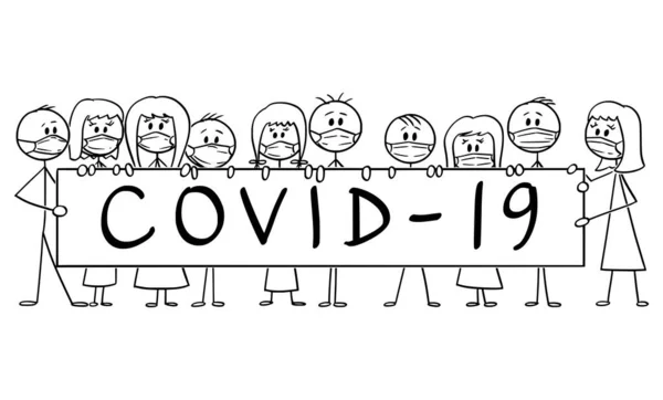 Vector Cartoon Ilustração do grupo de pessoas vestindo máscaras de rosto segurando Coronavirus Covid-19 Sign. Conceito de Epidemia ou Infecção . —  Vetores de Stock