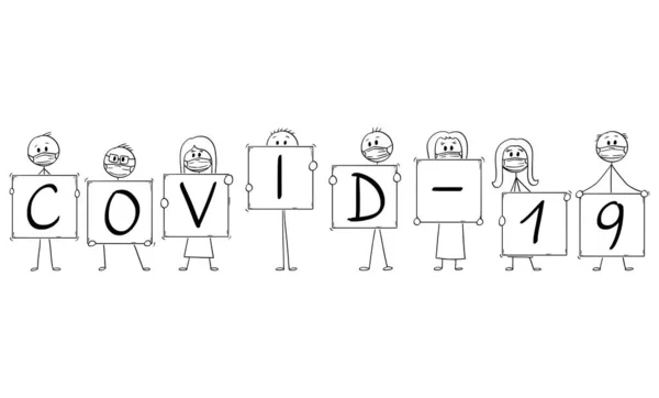 Vector Cartoon Ilustração do grupo de pessoas vestindo máscaras de rosto segurando Coronavirus Covid-19 Sinais. Conceito de Epidemia ou Infecção . —  Vetores de Stock
