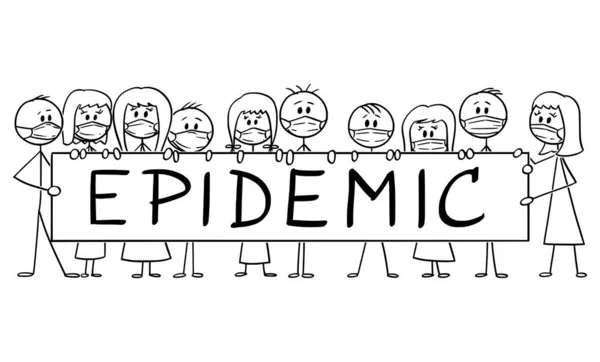 Vector Cartoon Illustration einer Gruppe von Menschen, die Gesichtsmasken mit epidemischem Zeichen tragen. Coronavirus oder Infektionskonzept. — Stockvektor