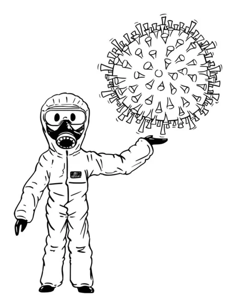 Illustration vectorielle de dessin animé d'un homme portant un costume protecteur et un masque facial tenant un gros coronavirus Covid-19 à la main . — Image vectorielle