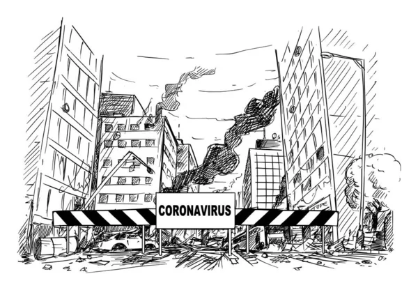 Ilustración de dibujos animados vectoriales del bloqueo de carreteras del área de cuarentena que bloquea la calle destruida de la ciudad después del pánico por infección o la epidemia de Coronavirus Covid-19 . — Vector de stock