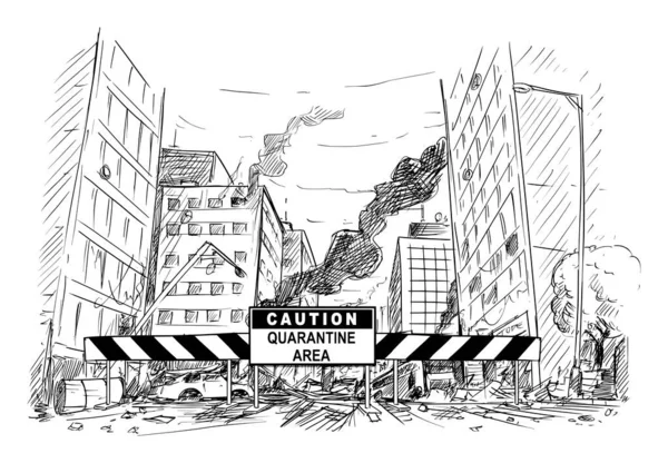 Vector Cartoon Illustration of Caution Quarantine Area Roadblock Blocking Destroyed City Street after Infection Panic or Coronavirus Covid-19 Epidemic. — Stock Vector