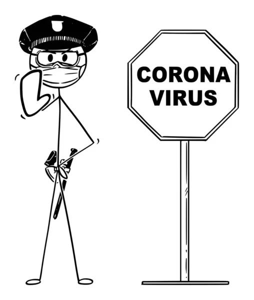 ベクター漫画『コロナウイルスCovid-19 』のイラストフェイスマスクを着用したサイン&警察官が停止ジェスチャーを表示 — ストックベクタ