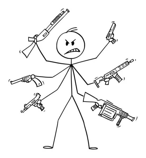 Vector Cartoon Illustration of Man with Six Arms Holding Weapons Like Pistol, Rifle, Grenade Launcher and Sub-machine gun. Концепція насильства. — стоковий вектор