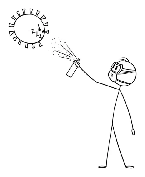 Vector Cartoon Illustration of Man Wearing Face Mask using Disinfection on Bacteria, Coronavirus or Covid-19 Virus — стоковый вектор