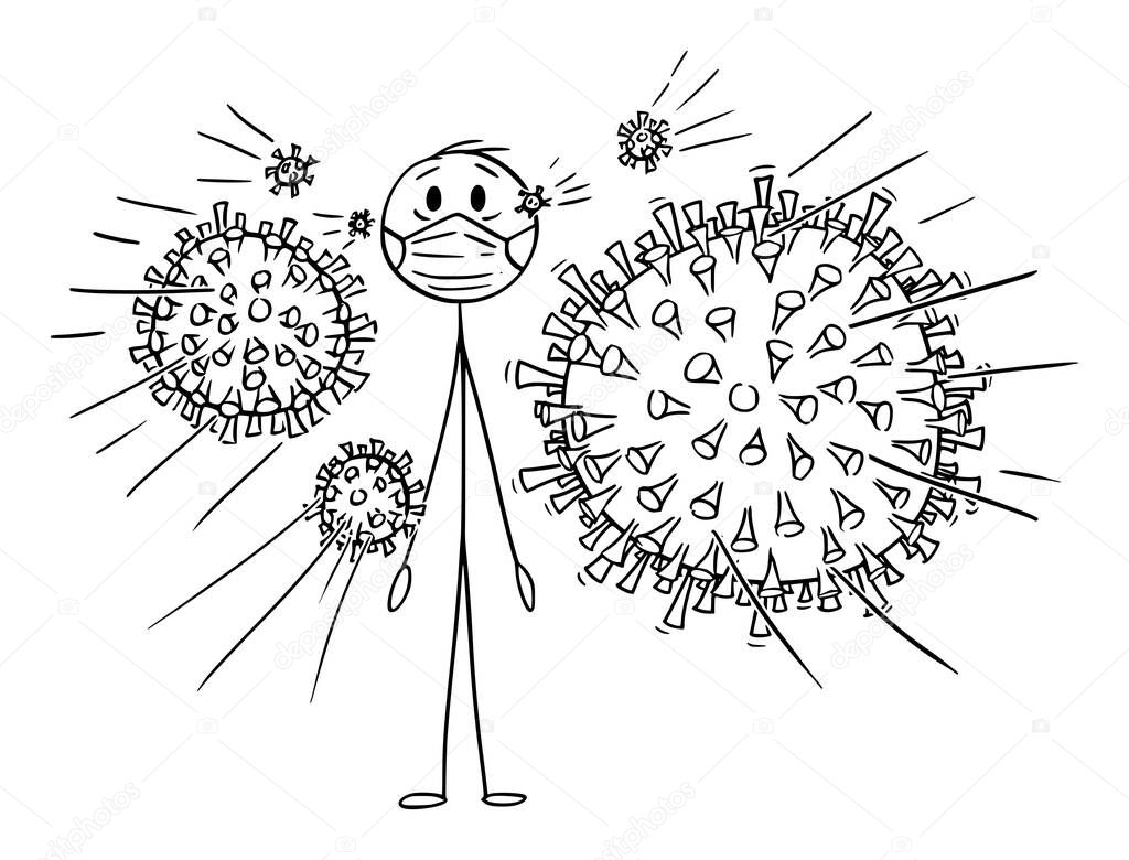 Vector Cartoon Illustration of Man Wearing Face Mask Attacked by Coronavirus Covid-19 Infection