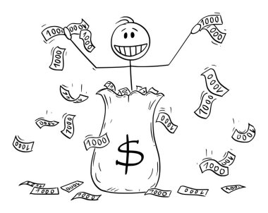 Büyük Para Çantası 'ndan Bir Dolarlık Banknotlar Atan Erkek veya İşadamı Çizgi Filmi