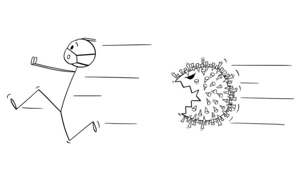 Vector Cartoon Illustration of Man Wearing Protective Face Mask Running Away in Panic Chased by Coronavirus Covid-19.