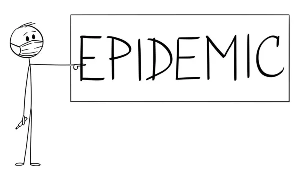 Vector Cartoon Illustration von Mann oder Lehrer, die Gesichtsmaske tragen und auf Epidemiezeichen oder Tafel zeigen. Covid-19 oder Coronavirus-Konzept. — Stockvektor