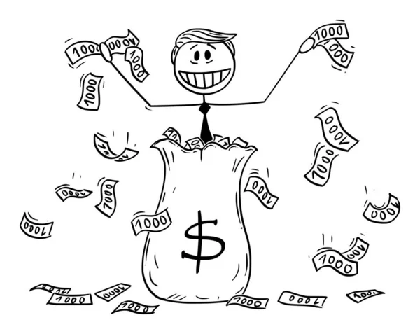 Illustration vectorielle du président Donald Trump jetant de l'argent à l'extérieur, en utilisant un assouplissement quantitatif ou de l'argent d'hélicoptère pendant la récession.19 mars 2020 — Image vectorielle