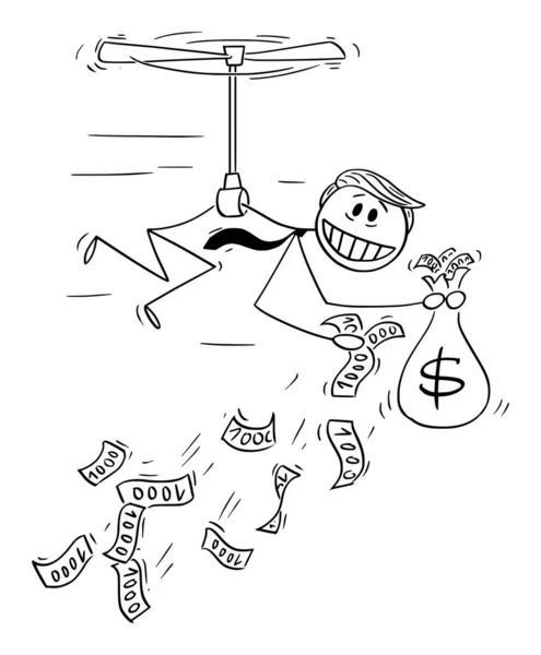 Vektorové ilustrace prezidenta Donalda Trumpa házet peníze pryč, pomocí kvantitativního uvolňování nebo helikoptéry peníze během recese.March 19, 2020 — Stockový vektor