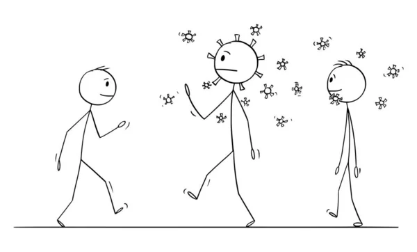 Ilustración Vectorial de Dibujos Animados del Hombre Infectado por Coronavirus COVID-19 Caminando por la Calle Difundiendo el Virus Alrededor a Otras Personas — Vector de stock