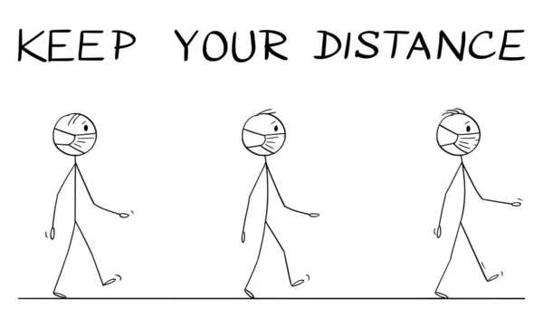 Vector Cartoon ilustração instrucional de como andar na rua durante a epidemia de Coronavirus COVID-19. Mantenha seu texto à distância —  Vetores de Stock