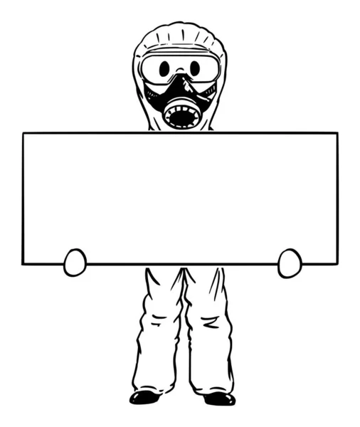 Ilustración de dibujos animados vectoriales del hombre que usa traje protector y máscara facial que sostiene el signo vacío. Concepto del Coronavirus Covid-19 — Vector de stock