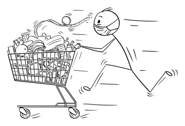 Yüzü Maskeli Adam 'ın Vektör Çizgi Filmi Süpermarketten veya Marketten Yiyeceklerle Kaçış ve İtme Arabası