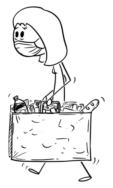 Ilustração dos desenhos animados do vetor da mulher que veste a máscara da cara que leva sacos de compras com da comida do supermercado ou da mercearia —  Vetores de Stock