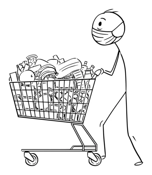 スーパーマーケットや食料品店のフード付き顔マスクプッシュショッピングカートを身に着けている男のベクトル漫画イラスト — ストックベクタ