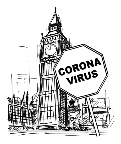 Vector Cartoon Rough Sketchy Ilustración de Reino Unido, Londres, Big Ben Clock Tower y Coronavirus covid-19 Epidemic Warning Sign — Vector de stock