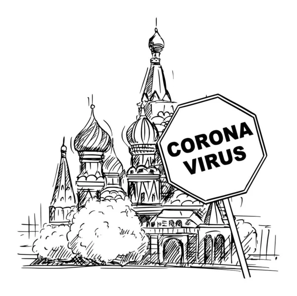 Vector Cartoon Rough Sketchy Εικονογράφηση της Ρωσικής Ομοσπονδίας, της Μόσχας και του Coronavirus covid-19 Epidemic Προειδοποίηση Sign — Διανυσματικό Αρχείο