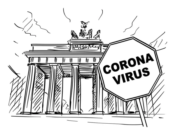 ベクトル漫画ドイツ、ベルリン、ブランデンブルク門とコロナウイルスのラフスケッチなイラストcovid-19流行警告サイン — ストックベクタ