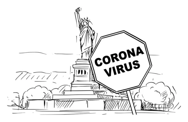 Vektor Rajzfilm Durva vázlatos Illusztráció Egyesült Államok, New York, Szabadság szobor és Coronavirus covid-19 Járvány Figyelmeztető jel — Stock Vector