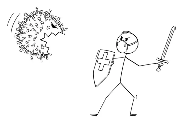 Vector Cartoon Illustration of Medical Staff or Doctor or Medic Wearing Face Mask and Fighting With Sword and Shield With Coronavirus Covid-19 Monster Vector Graphics