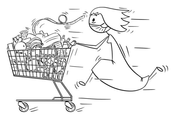 Vector Cartoon ilustração da mulher vestindo máscara facial correndo e empurrando carrinho de compras com de alimentos do supermercado ou mercearia —  Vetores de Stock