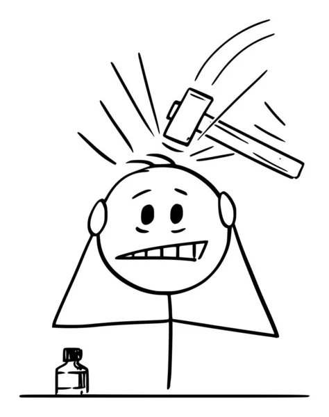 Vektorová kreslená ilustrace muže trpícího těžkou bolestí hlavy, bolestí hlavy nebo migrénou — Stockový vektor